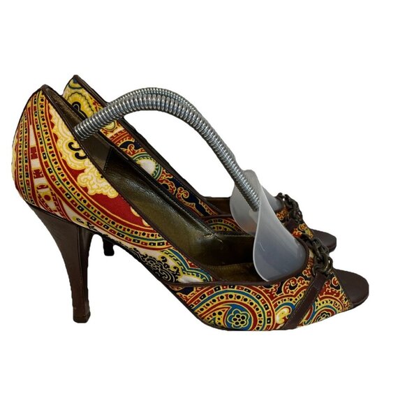 J. CREW Open Toe Heels Shoes Women's 7.5M Colorful Paisley Chain Front Italy - Picture 1 of 11